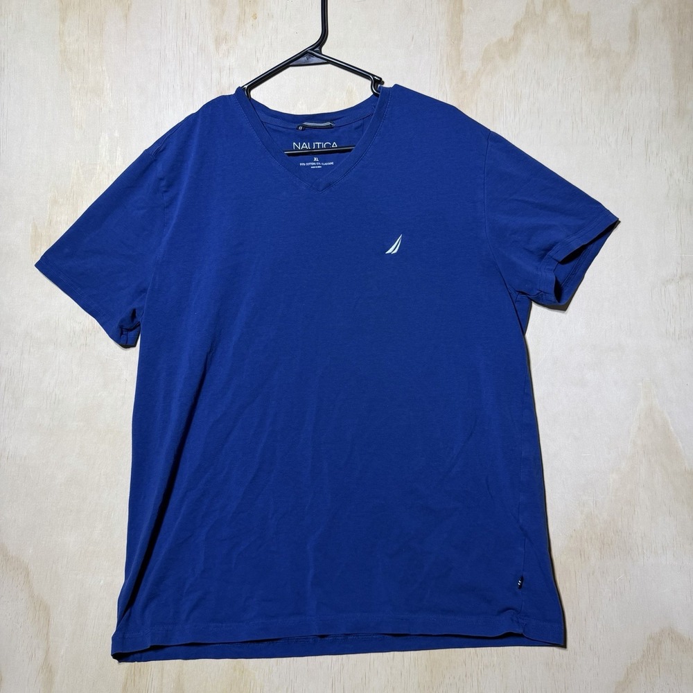 Nautica Mens XL Blue V-Neck T-Shirt Stretch Cotton Sailboat Logo Casual Tee